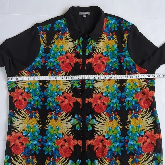 Roz & Ali Floral Sheer Button Down Tropical Blouse Woman 2X Black Blue - Picture 13 of 16